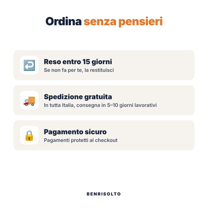 Reso entro 15 giorni, spedizione gratuita in 5-10 giorni lavorativi, pagamento sicuro